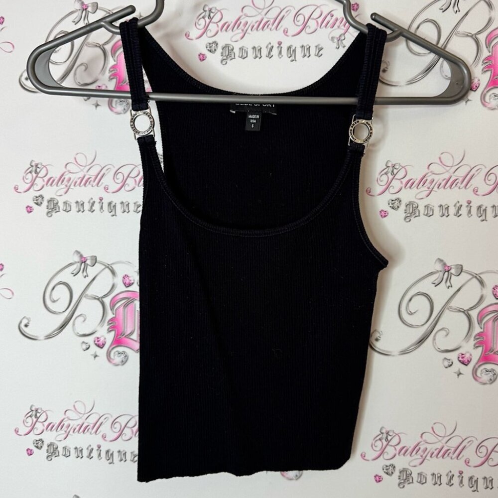 Bebe sport tank top Metal logo oring straps diamond bling Black Ribbed Tank Top